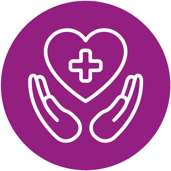 Icon of two hands craddling a heart which has a plus (healthcare) symbol in the middle