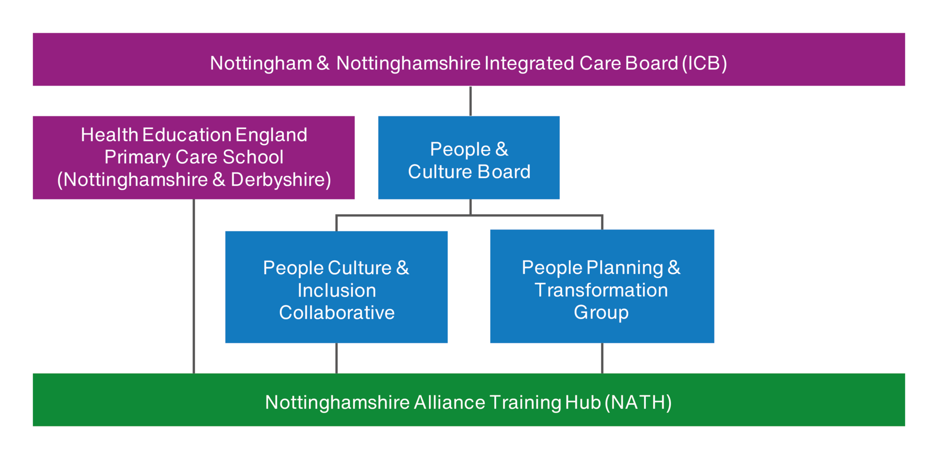 Nottinghamshire Alliance Training Hub (NATH) reports into (i) Health Education England Primary Care School (Nottinghamshire & Derbyshire), (ii) People Culture & Inclusion Collaborative, and (iii) People Planning & Transformation Group. (ii) and (iii) report into the People & Culture Board, which feeds into Nottingham & Nottinghamshire Integrated Care Board (ICB)